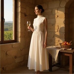 Fitted Knit Mock-Neck Dress with Poplin Skirt Size Small